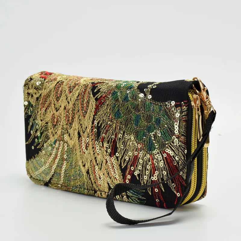 Embroidered Peacock Wallet with Long Zipper
