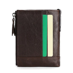 Men's Leather Double Zipper Short Wallet Handheld Oil Wax Leather Wallet
