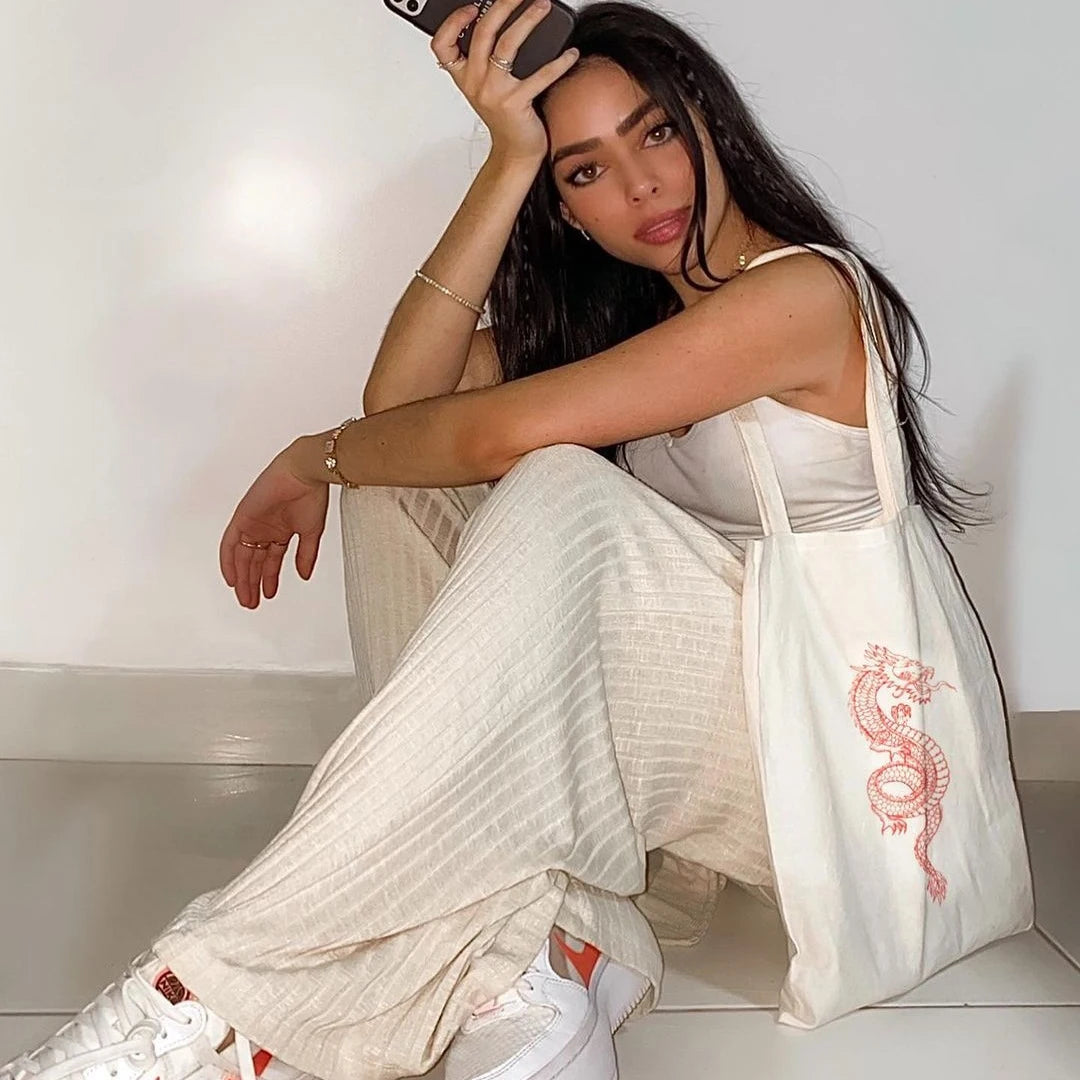 Dragon Anime Print Punk Canvas Bag Harajuku Shopper Large Capacity Women's Bag