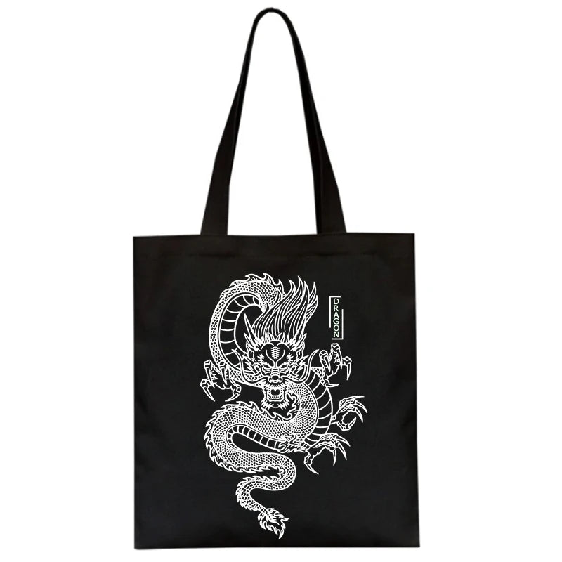 Dragon Print Canvas Shopper Bag Harajuku Punk Goth Women's Shoulder Bag