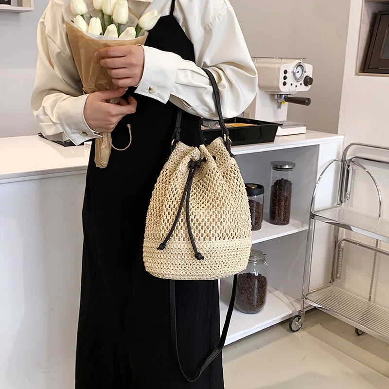 Women's Straw Bucket Bag Summer Woven Shoulder Bags Purse