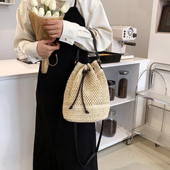 Women's Straw Bucket Bag Summer Woven Shoulder Bags Purse
