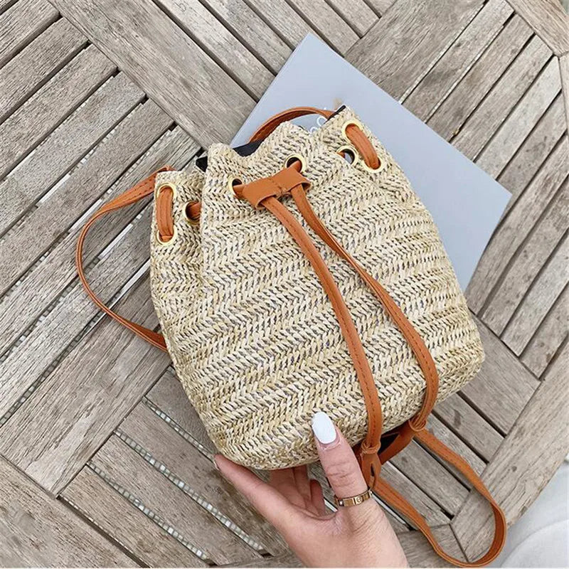 Summer Straw Bucket Bag Woven Shoulder Beach Handbag