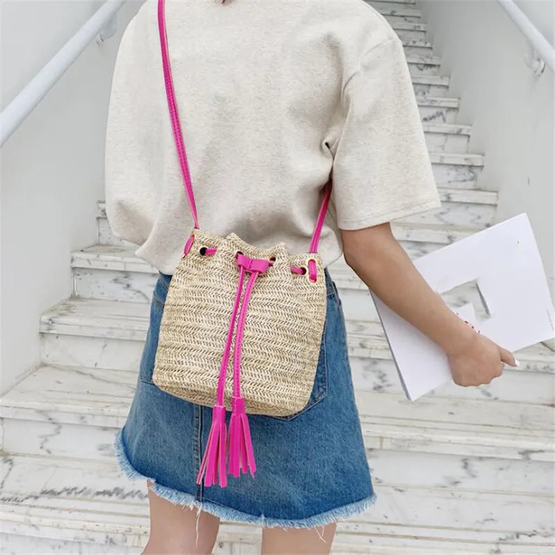 Summer Straw Bucket Bag Woven Shoulder Beach Handbag
