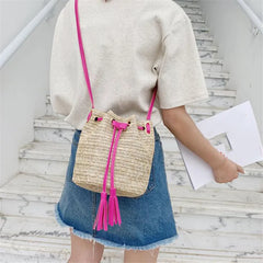 Summer Straw Bucket Bag Woven Shoulder Beach Handbag