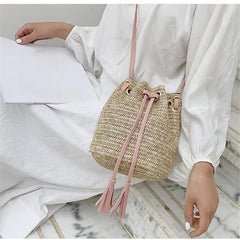 Summer Straw Bucket Bag Woven Shoulder Beach Handbag