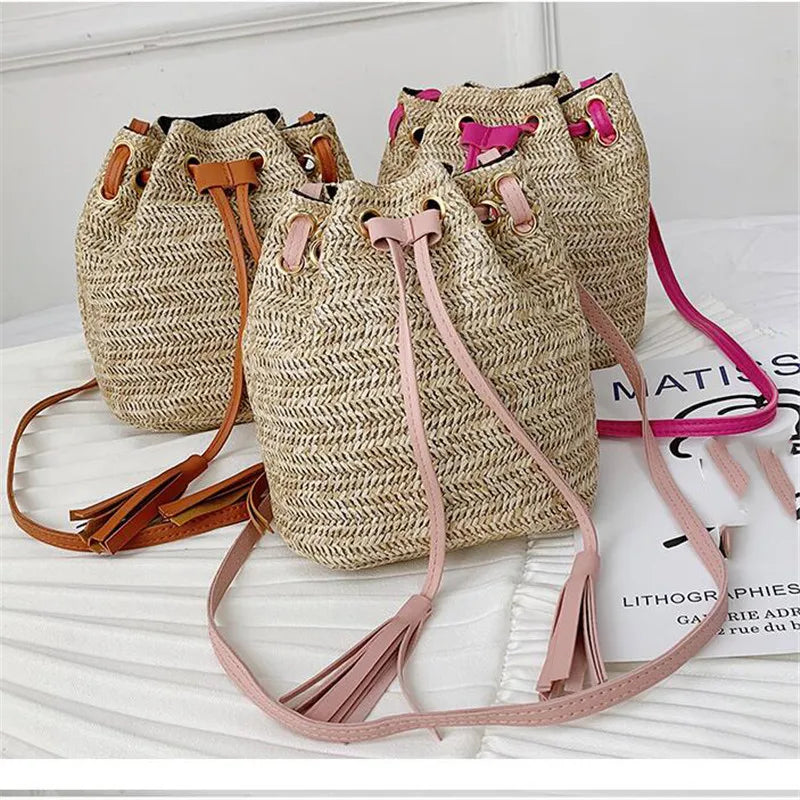 Summer Straw Bucket Bag Woven Shoulder Beach Handbag