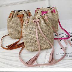 Summer Straw Bucket Bag Woven Shoulder Beach Handbag