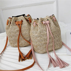 Summer Straw Bucket Bag Woven Shoulder Beach Handbag