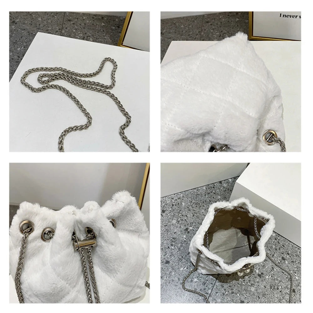 Plush Bucket Crossbody Bags Chain Warm Solid Bags
