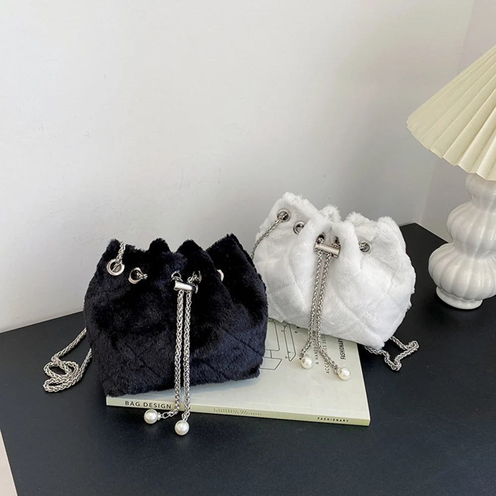 Plush Bucket Crossbody Bags Chain Warm Solid Bags