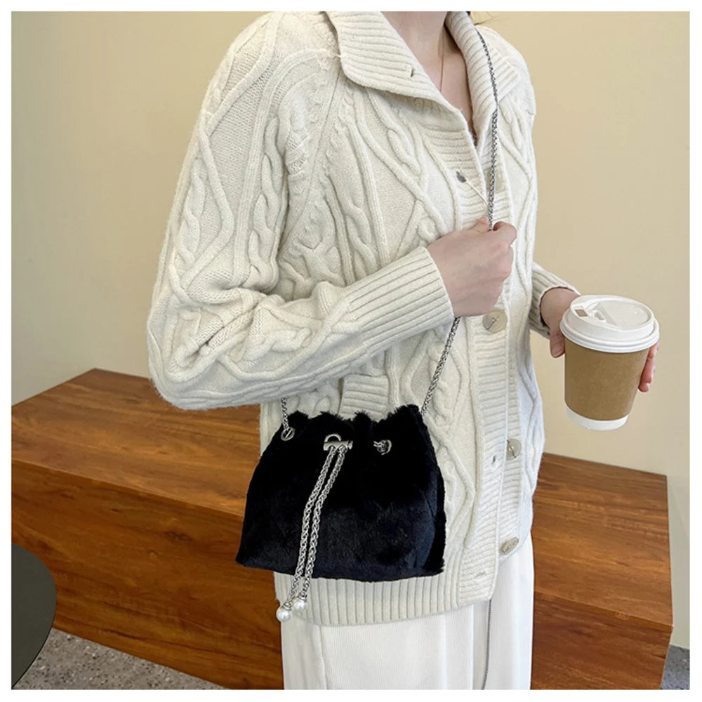 Plush Bucket Crossbody Bags Chain Warm Solid Bags