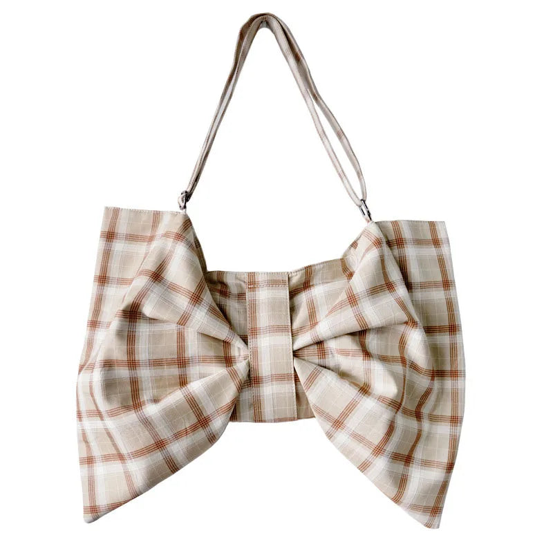 Vintage Canvas Shoulder Bag Large Capacity Zipper Messenger Tote with Bowknot