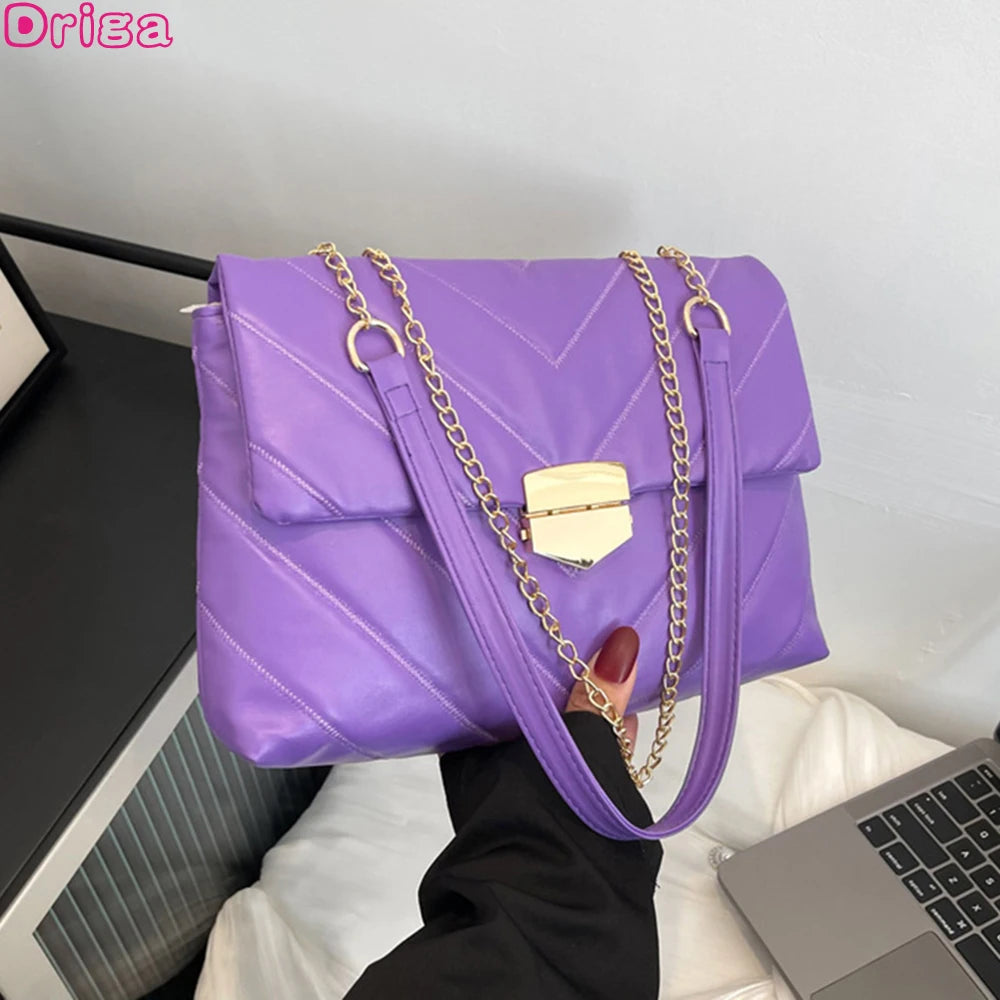 Chain Texture Embroidery Thread Women Handbags Soft Pu Shoulder Bags