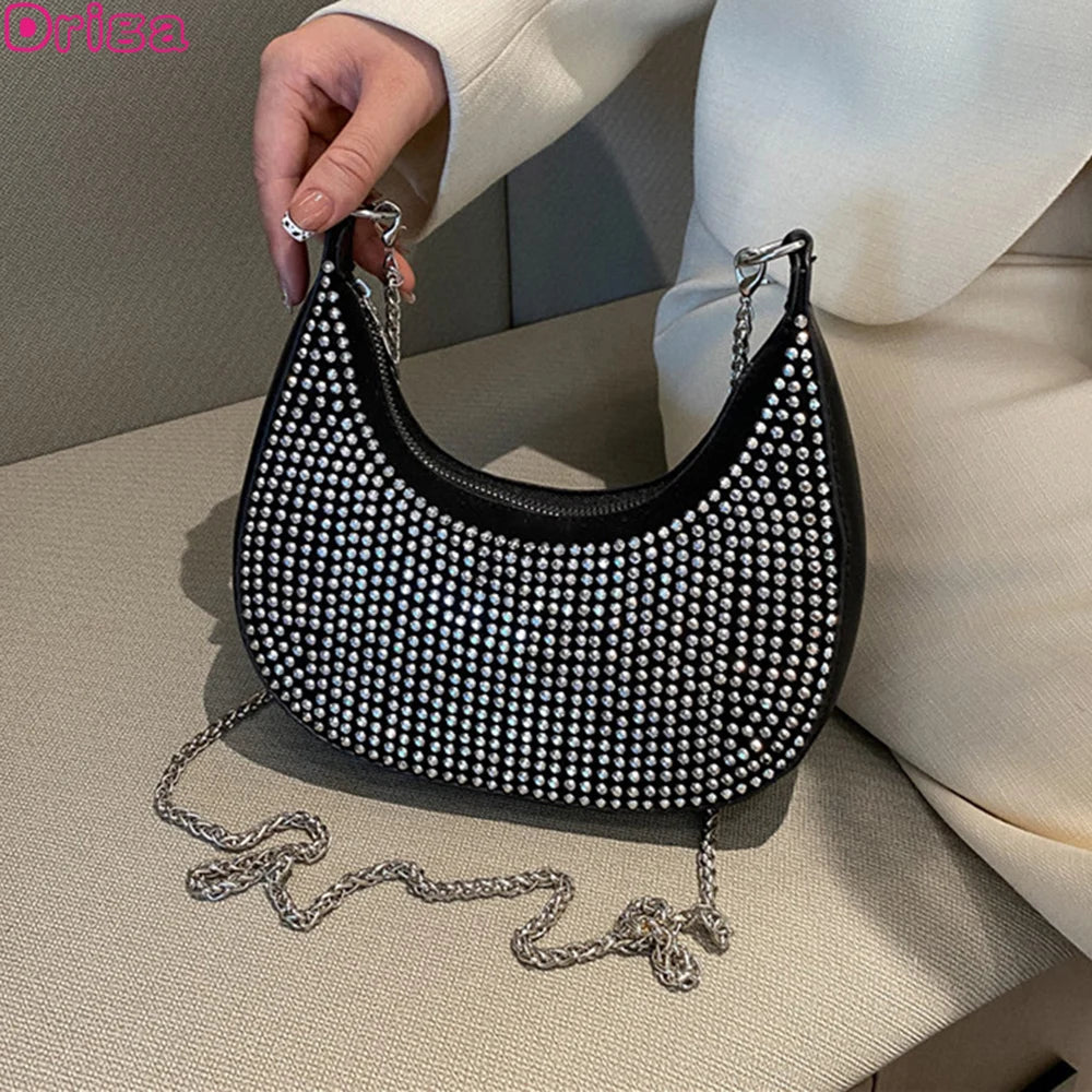 Women's Rhinestone Chain Crossbody Bag Dumpling Type