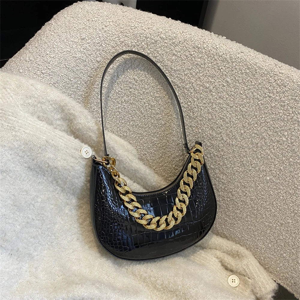Crocodile Patten Chain Shoulder Bags Solid Pu Leather Hobo Bags