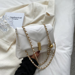 Textured Messenger Bag Chain Stripe Shoulder Bag Golden Beads Square PU Leather