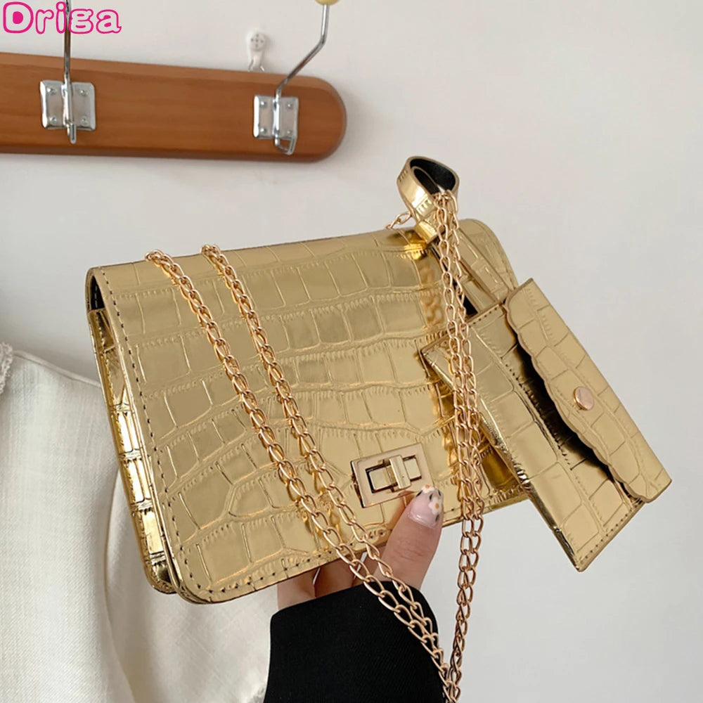 Stone Pattern Leather Shoulder Bag Chain Square Crossbody