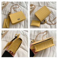 Stone Pattern Leather Shoulder Bag Chain Square Crossbody