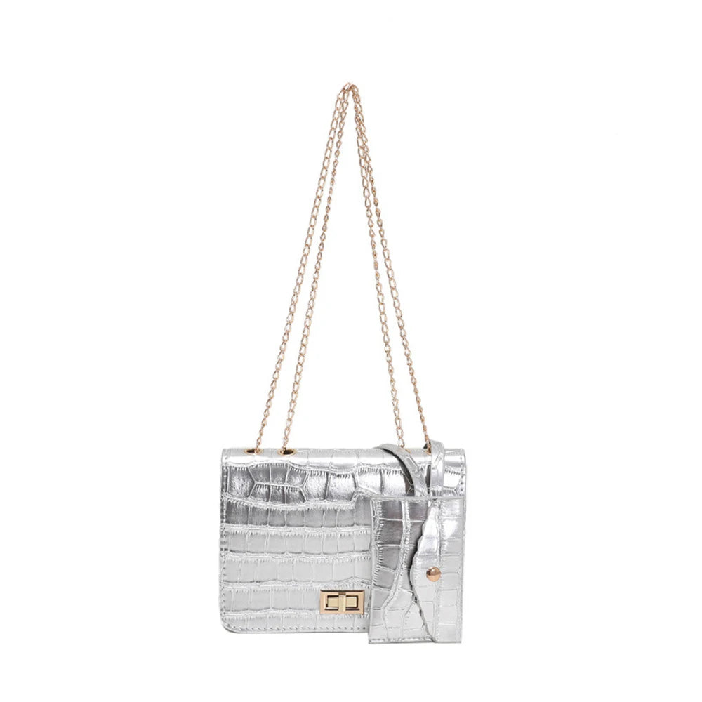 Stone Pattern Leather Shoulder Bag Chain Square Crossbody
