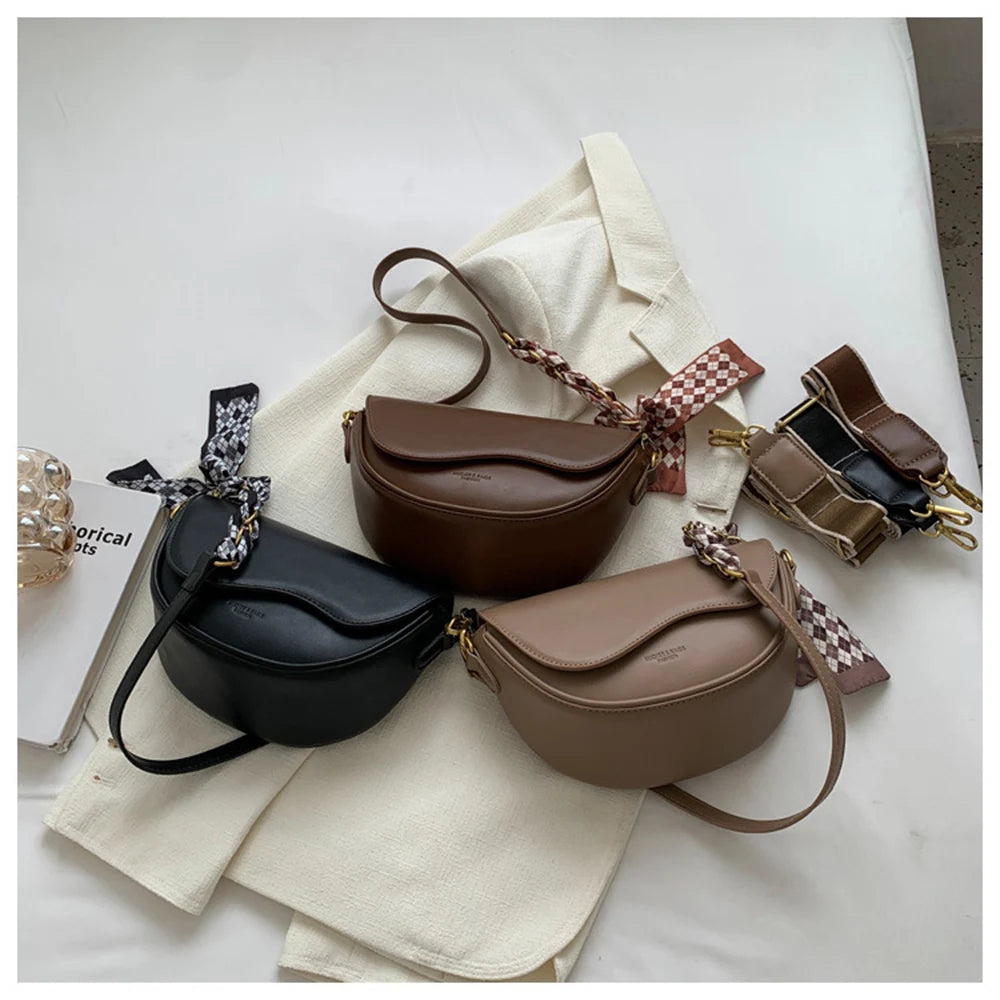 Solid Saddle Shoulder Bag Textured Crossbody Bag with Silk Scarf Decoration