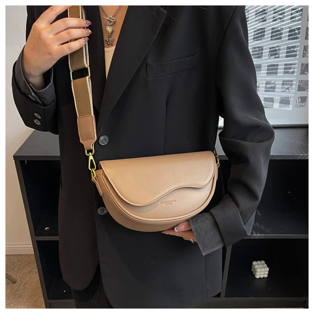 Solid Saddle Shoulder Bag Textured Crossbody Bag with Silk Scarf Decoration
