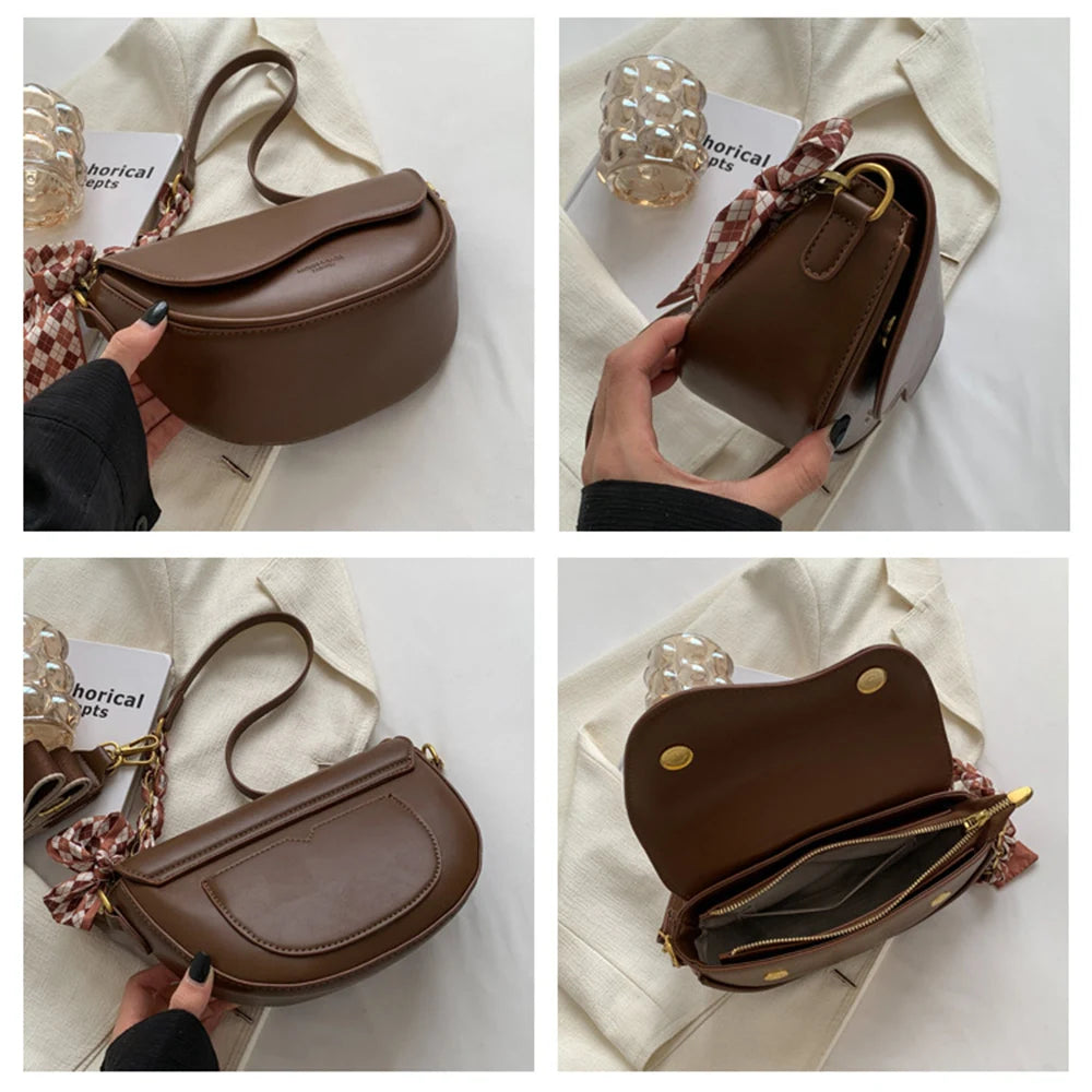 Solid Saddle Shoulder Bag Textured Crossbody Bag with Silk Scarf Decoration