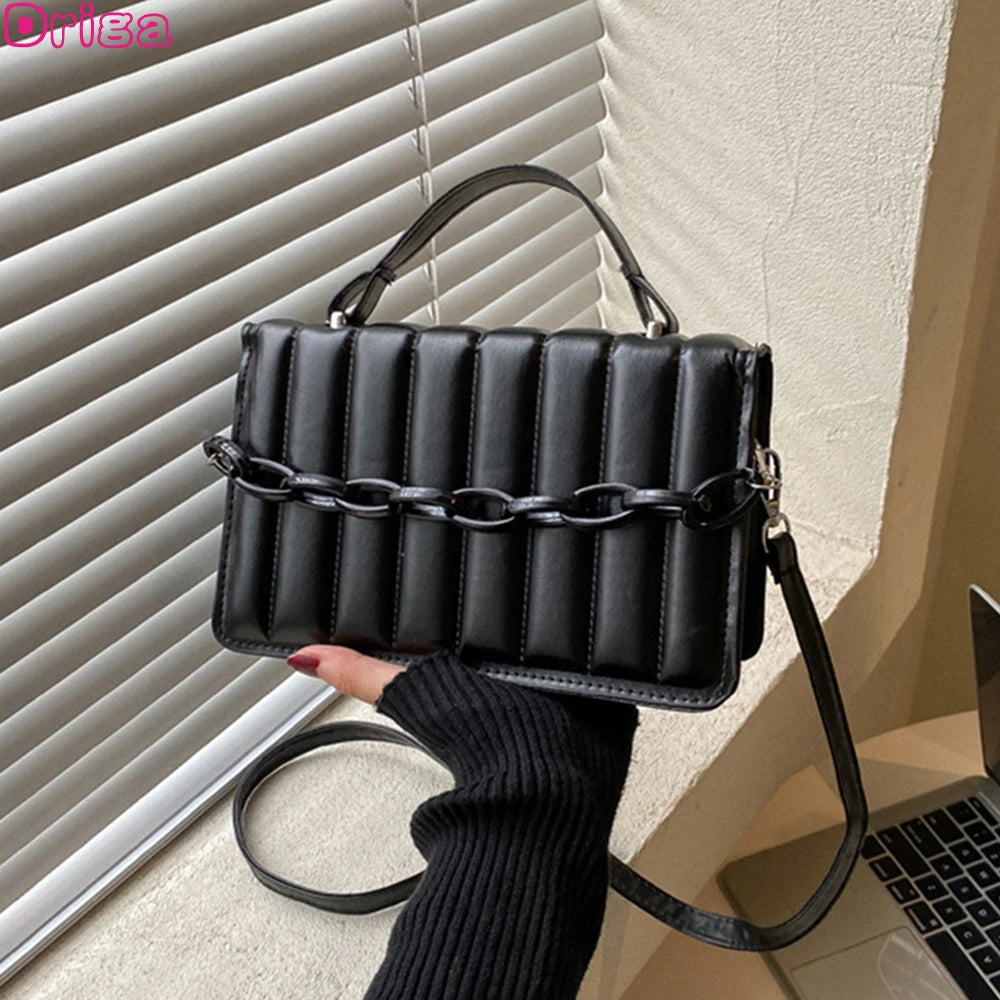 Women Stripe Handbags Solid Chain Shoulder Bags Horizontal Square Messenger Bags