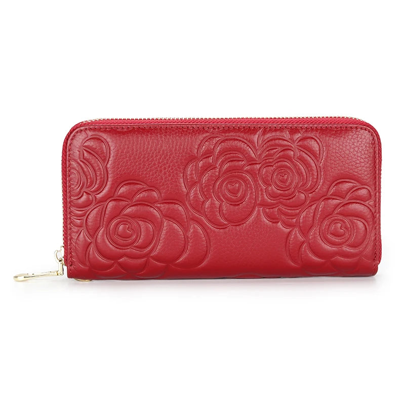 Flower Embossed Leather Women's Long Wallet Zipper Purse