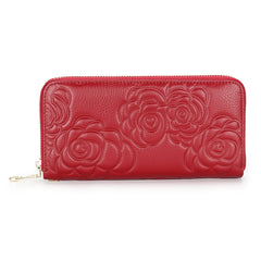 Flower Embossed Leather Women's Long Wallet Zipper Purse