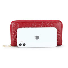 Flower Embossed Leather Women's Long Wallet Zipper Purse