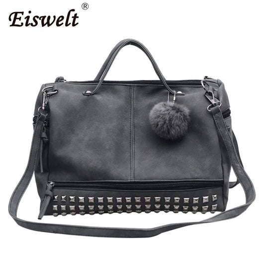 Nubuck Leather Handbags Rivet Women Bags Hair Ball Shoulder Messenger TopHandle