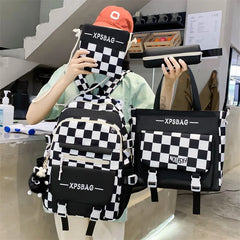 Middle School Checkered Backpack for Girls Large Capacity