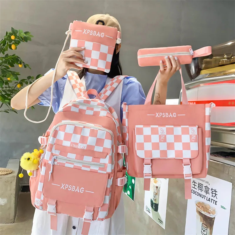Middle School Checkered Backpack for Girls Large Capacity
