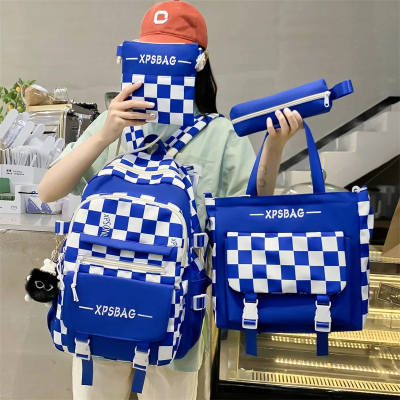 Middle School Checkered Backpack for Girls Large Capacity