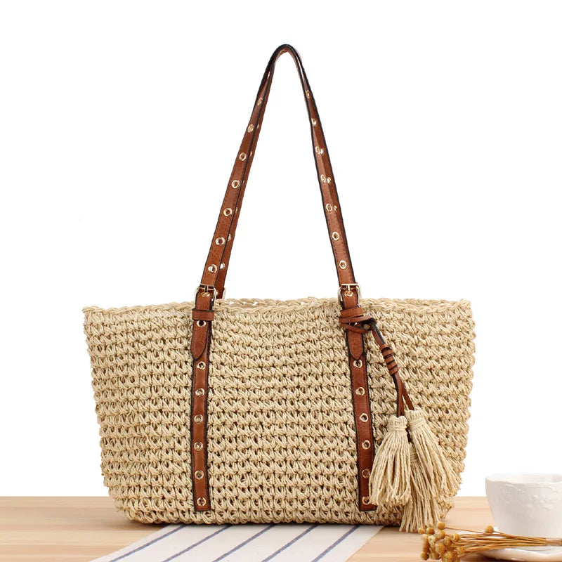Women's Straw Bag Hand Woven Beach Tote with Tassel Crochet Handbag