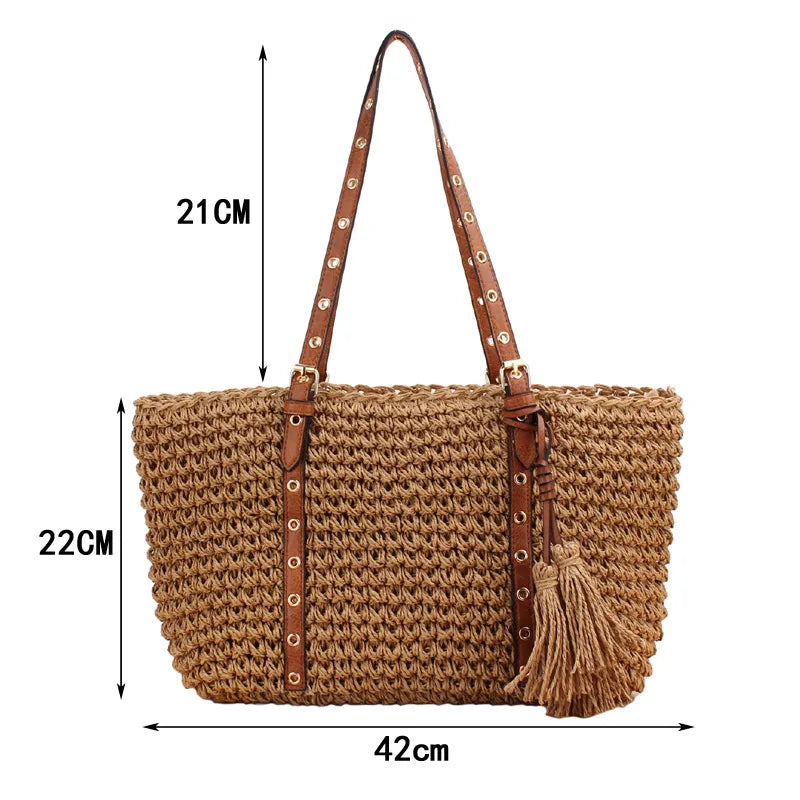 Women's Straw Bag Hand Woven Beach Tote with Tassel Crochet Handbag