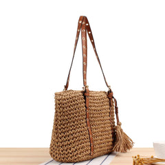 Women's Straw Bag Hand Woven Beach Tote with Tassel Crochet Handbag