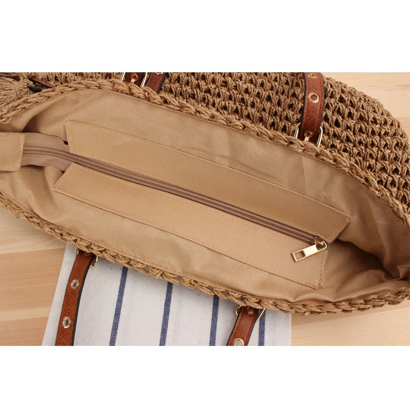 Women's Straw Bag Hand Woven Beach Tote with Tassel Crochet Handbag