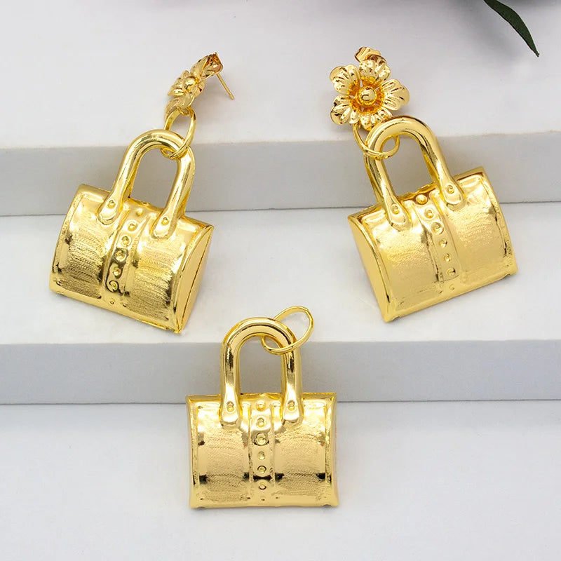 Dubai Plated Jewelry Set Bag Pattern Earrings Necklace Pendant Sets