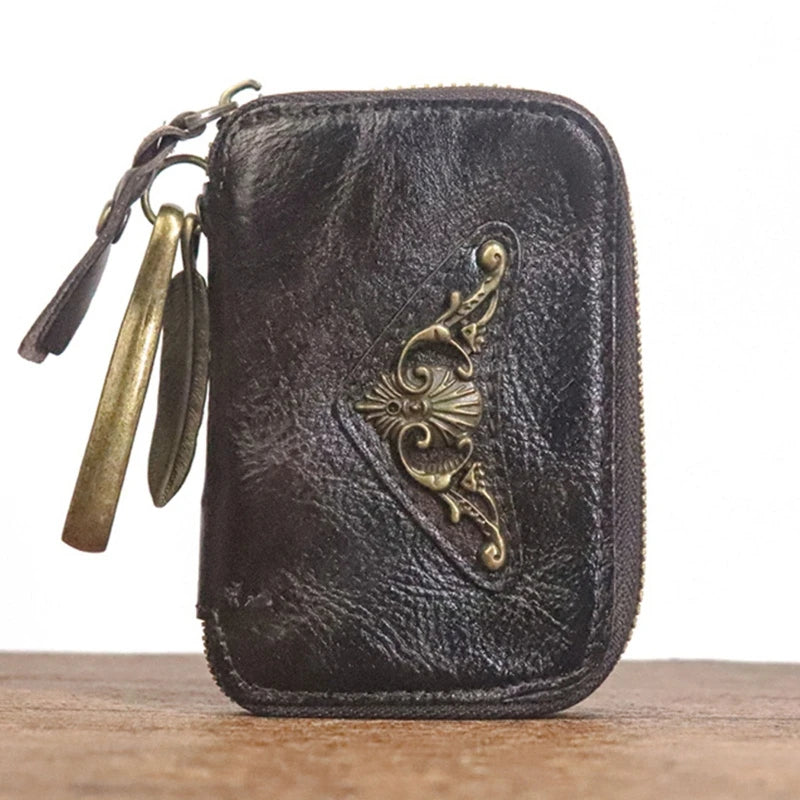 Cowhide Leather Car Key Holder Bag w/ 6 Hooks & Zipper