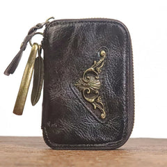 Cowhide Leather Car Key Holder Bag w/ 6 Hooks & Zipper