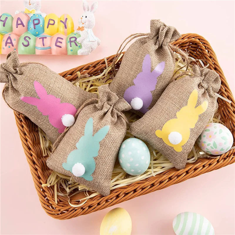 Easter Drawstring Bags, Bunny Print Burlap Bags for Baby Shower Wedding Party