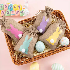 Easter Drawstring Bags, Bunny Print Burlap Bags for Baby Shower Wedding Party