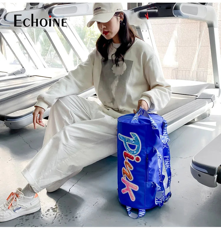 Echoine Laser Sequin PINK Letter Print Woman Casual Travel Sports Gym Bag