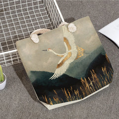 Reusable Shoulder Shopping Bag Crane Beach Tote Bag Japanese Ukiyoe Handbag