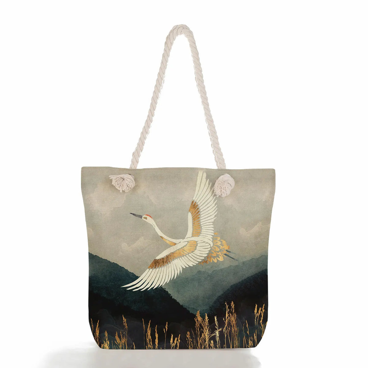 Reusable Shoulder Shopping Bag Crane Beach Tote Bag Japanese Ukiyoe Handbag