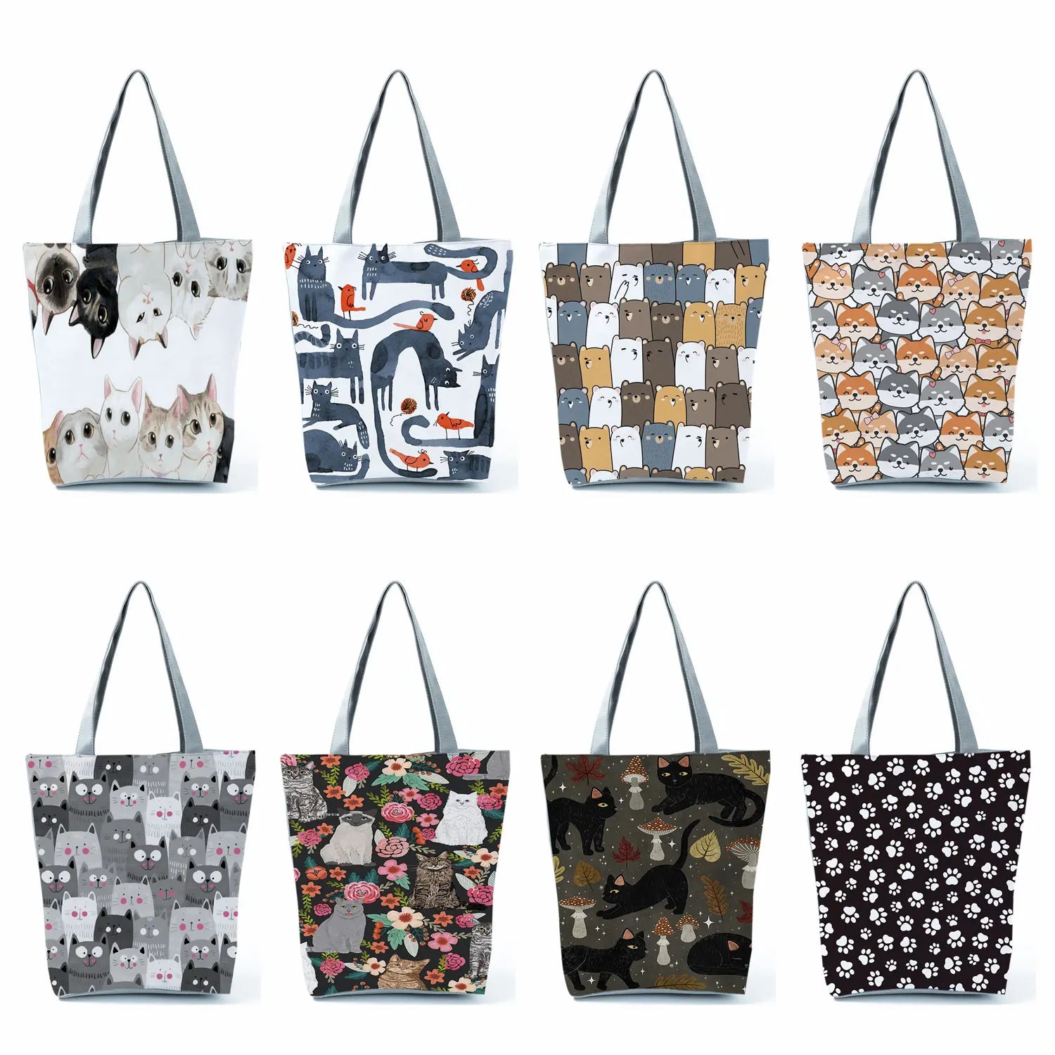 Print Grocery Tote Cartoon Floral Cat Eco Shoulder Bag