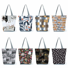 Print Grocery Tote Cartoon Floral Cat Eco Shoulder Bag