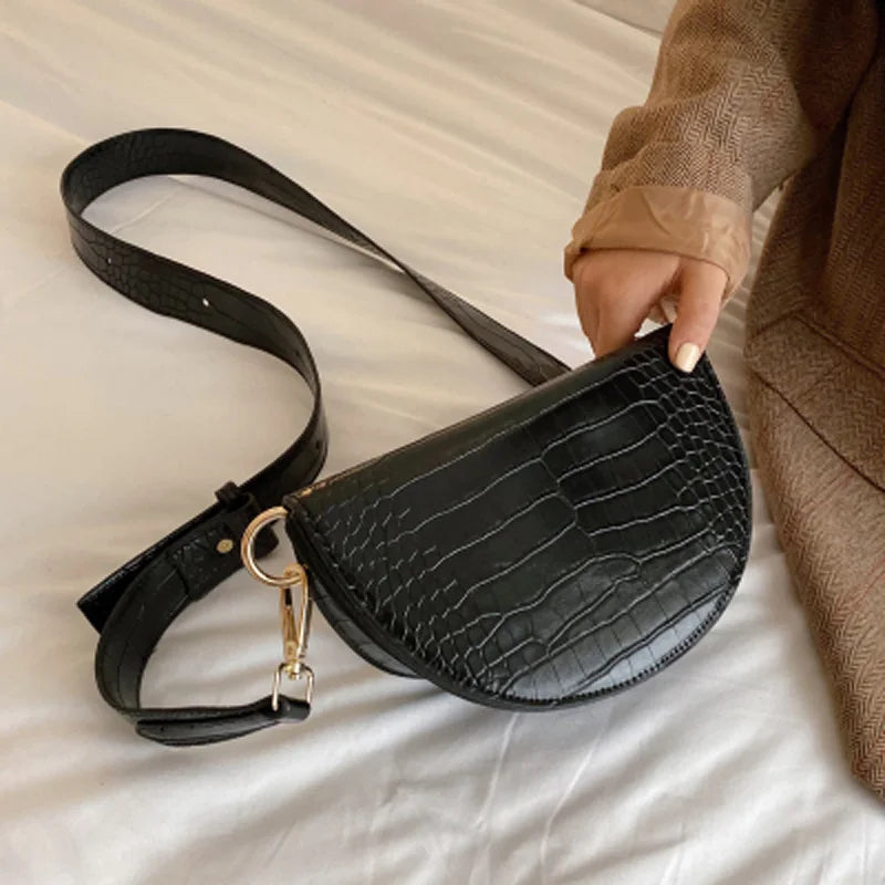 Crocodile Pattern Crossbody Bag - Half Round Solid Pu Leather Handbag
